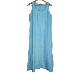 J Jill 100% Linen Tank Maxi Dress Medium Aqua Sleeveless Scoop Neck A-Line Midi